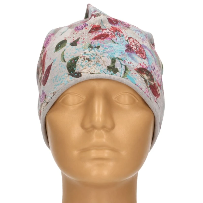 Czapka damska Beanie włoska cienka smerfetka szara w kolorowe kwiaty