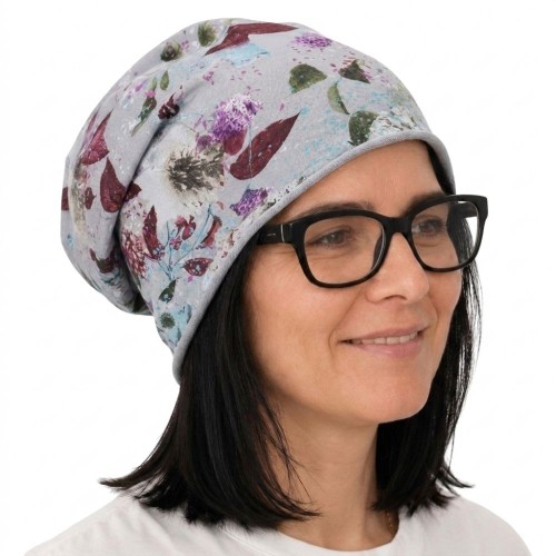 Czapka damska Beanie włoska cienka smerfetka szara w kolorowe kwiaty