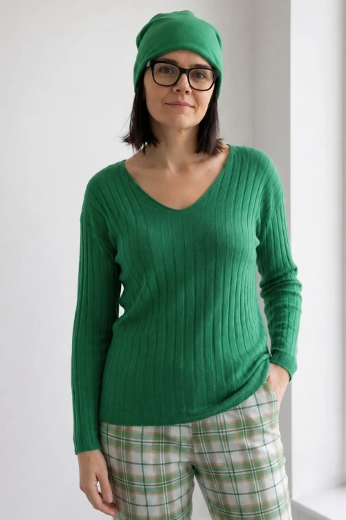 Bluzka damska zielona prążkowana dekolt V wiskoza Made in Italy uni