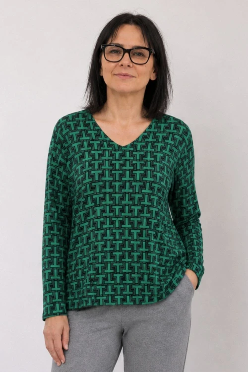 Bluzka damska zielona wzorzysta dekolt V wiskoza Made in Italy uni