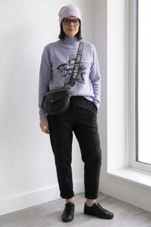 Sweter damski golf fioletowy z nadrukiem gwiazda miękki Uni