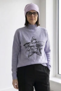 Sweter damski golf fioletowy z nadrukiem gwiazda miękki Uni
