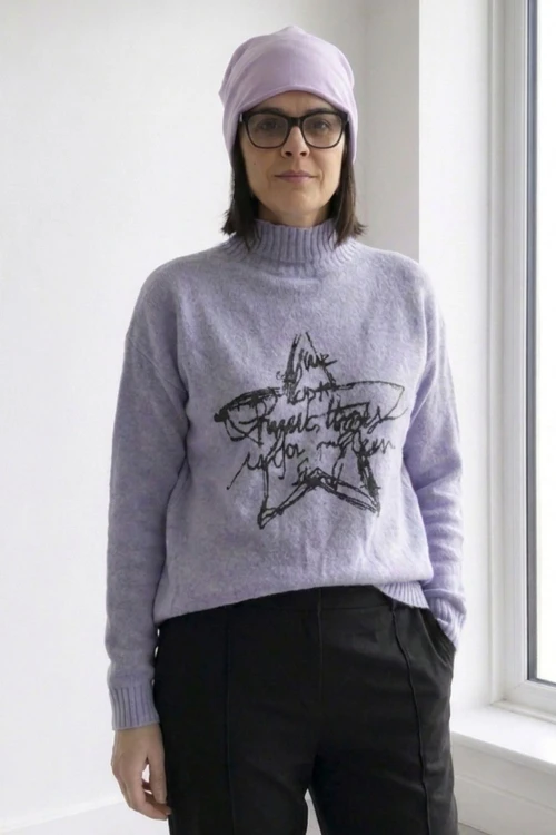 Sweter damski golf fioletowy z nadrukiem gwiazda miękki Uni