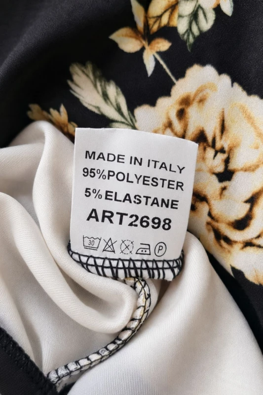 Sukienka damska czarna w kwiaty 3/4 rękaw złote pasy one size Italy