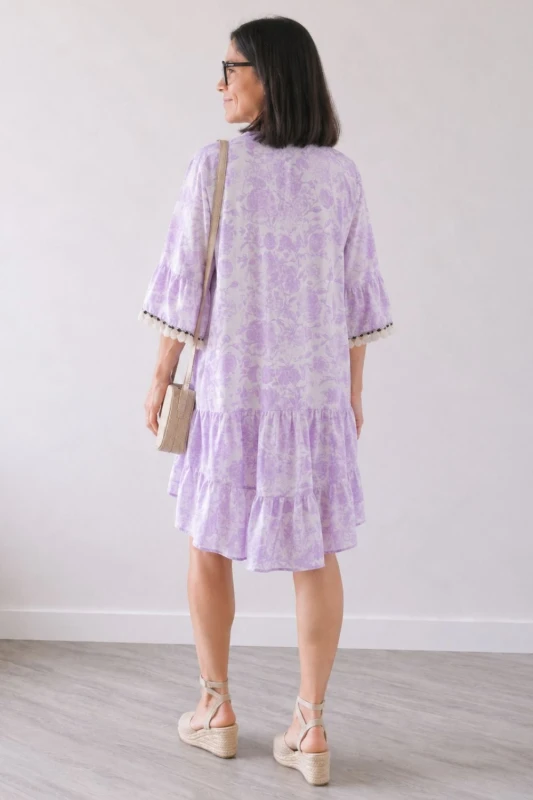Sukienka damska fioletowa boho kwiaty Made in Italy 100% bawełna lekka Uni