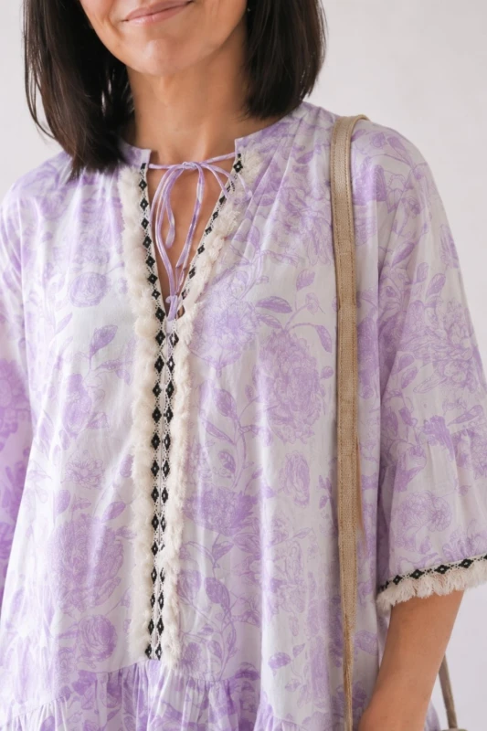 Sukienka damska fioletowa boho kwiaty Made in Italy 100% bawełna lekka Uni