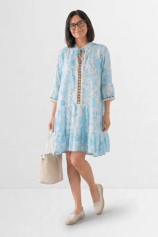 Sukienka damska turkusowa boho kwiaty Made in Italy 100% bawełna lekka Uni