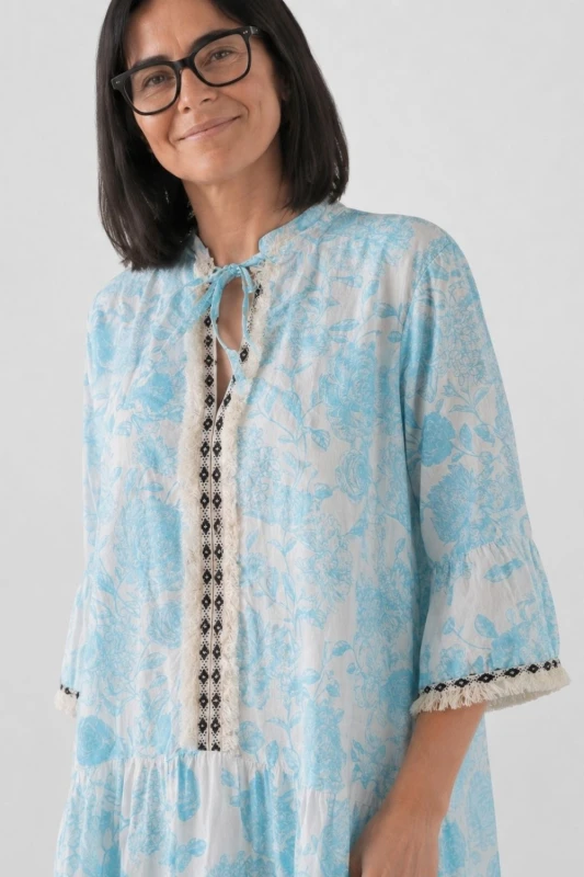 Sukienka damska turkusowa boho kwiaty Made in Italy 100% bawełna lekka Uni