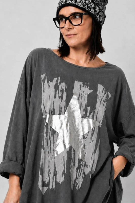 Bluzka tunika damska grafit oversize bawełna gwiazda Made in Italy