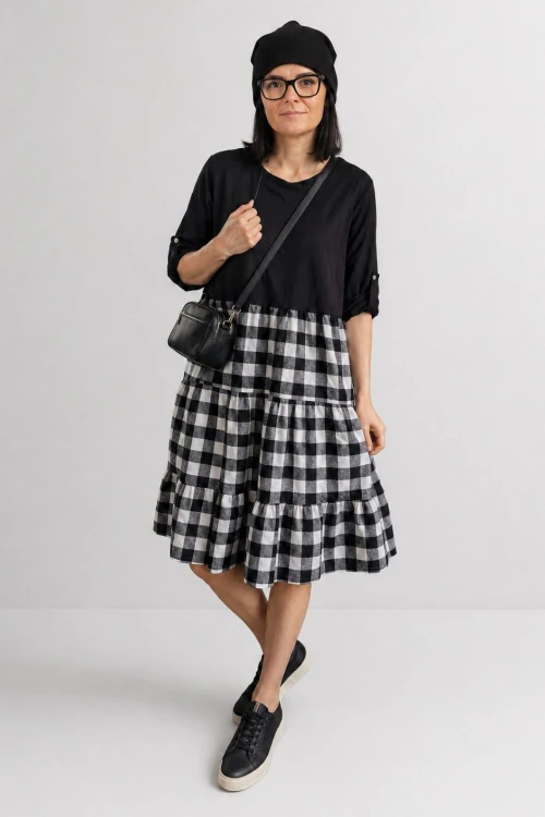 Sukienka damska czarna krata vichy oversize falbany Italy Uni