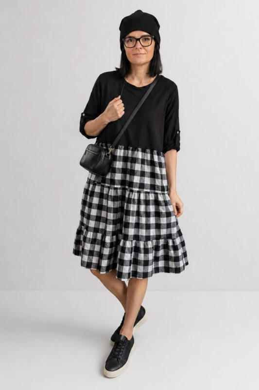 Sukienka damska czarna krata vichy oversize falbany Italy Uni