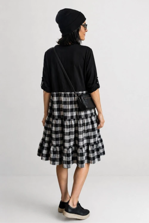 Sukienka damska czarna krata vichy oversize falbany Italy Uni