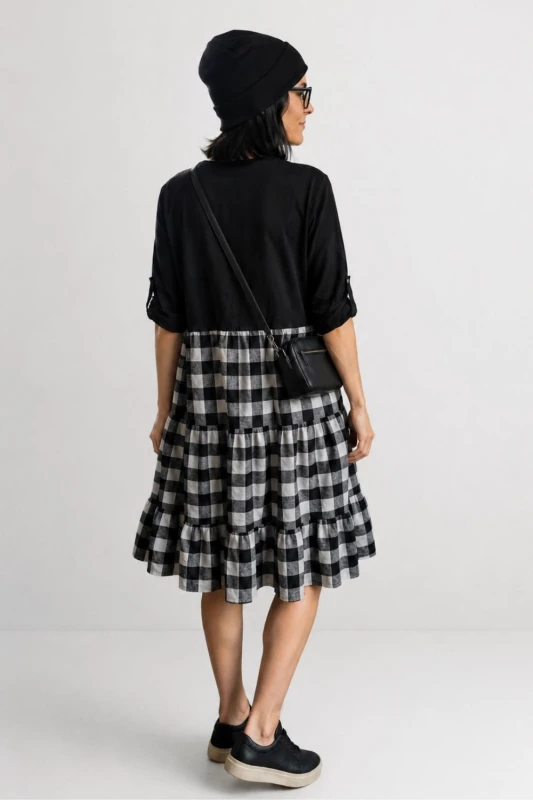 Sukienka damska czarna krata vichy oversize falbany Italy Uni