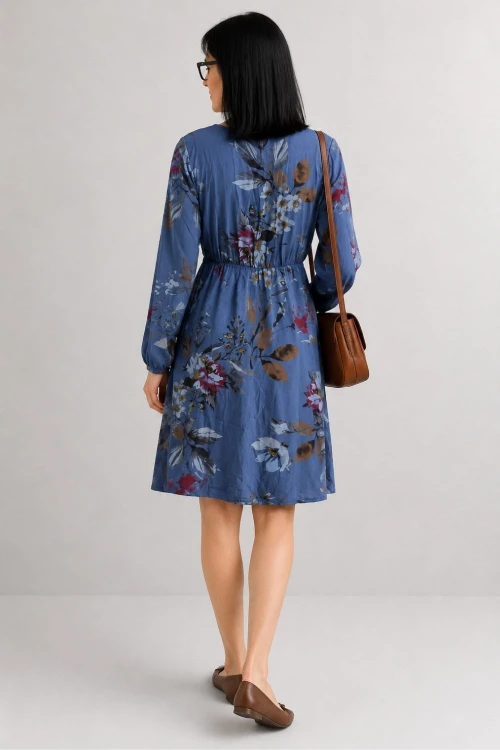 Sukienka damska boho w kwiaty niebieska wiskoza Made in Italy