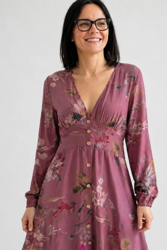 Sukienka damska boho w kwiaty brudny róż wiskoza Made in Italy