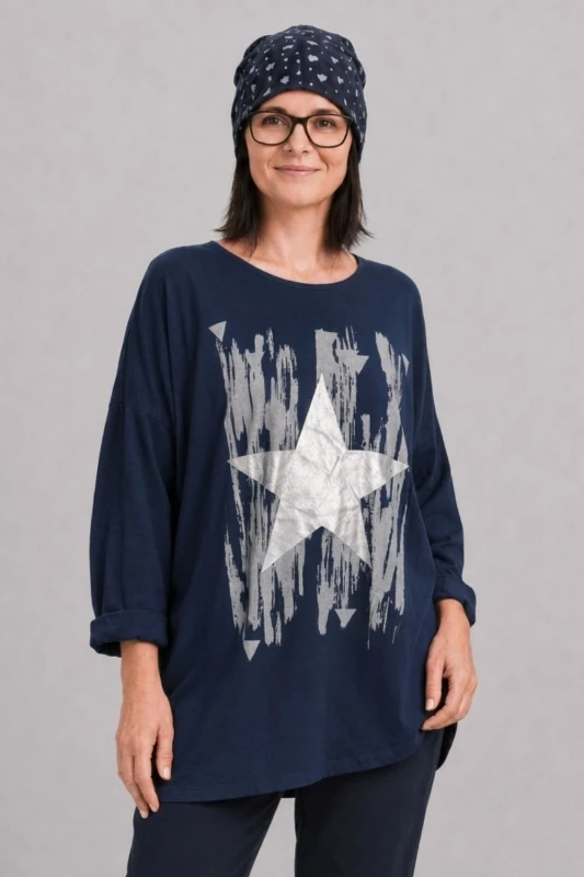 Bluzka tunika damska granat oversize bawełna gwiazda Made in Italy