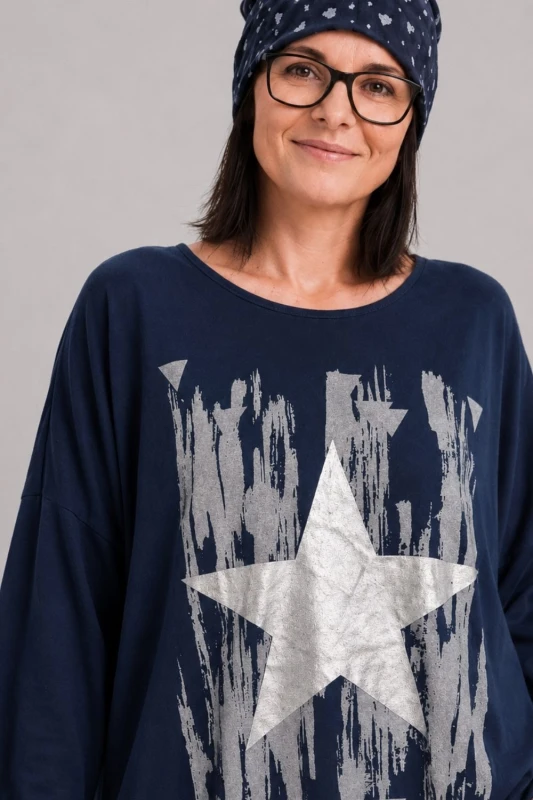 Bluzka tunika damska granat oversize bawełna gwiazda Made in Italy