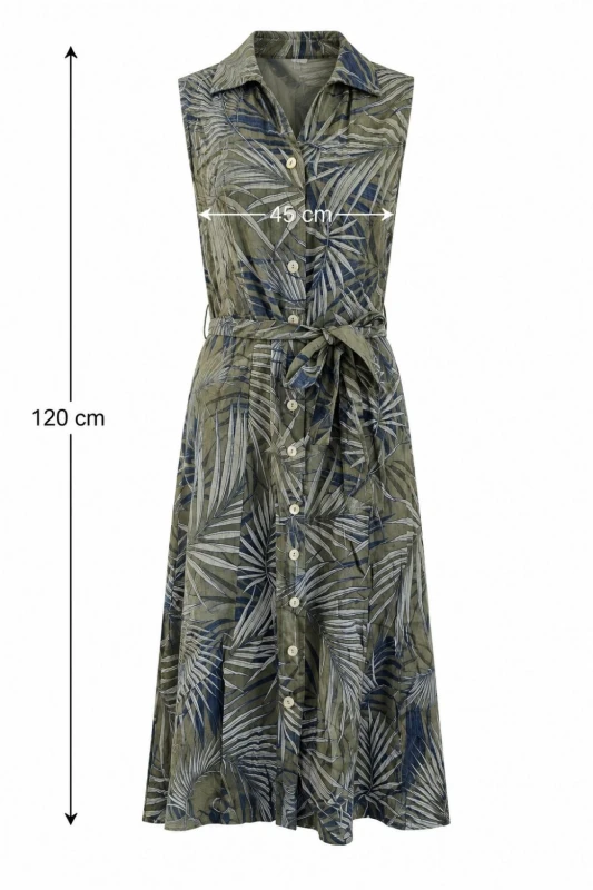 Sukienka damska boho w liście midi 100% len khaki guziki M