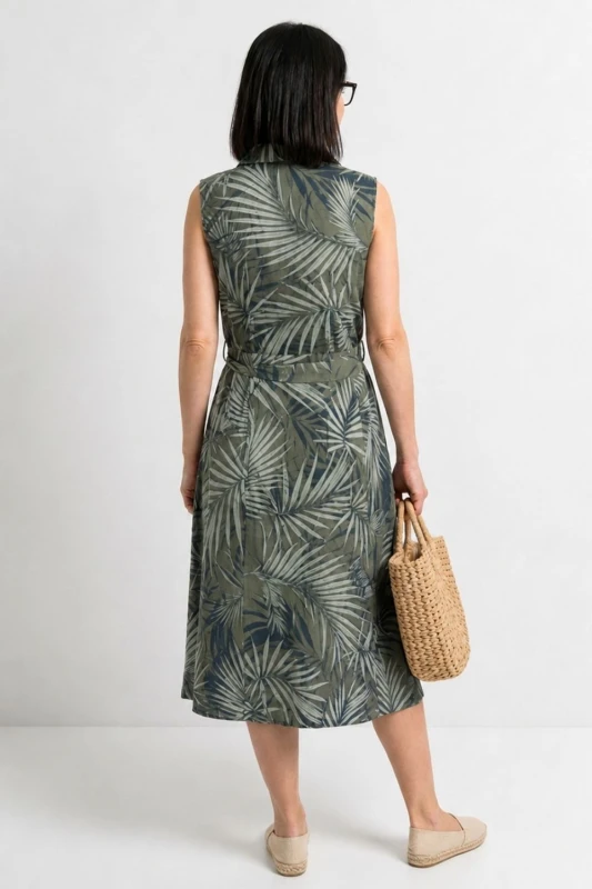 Sukienka damska boho w liście midi 100% len khaki guziki M