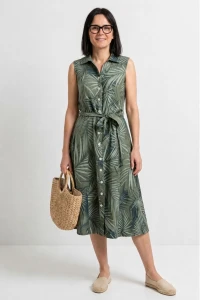 Sukienka damska boho w liście midi 100% len khaki guziki M