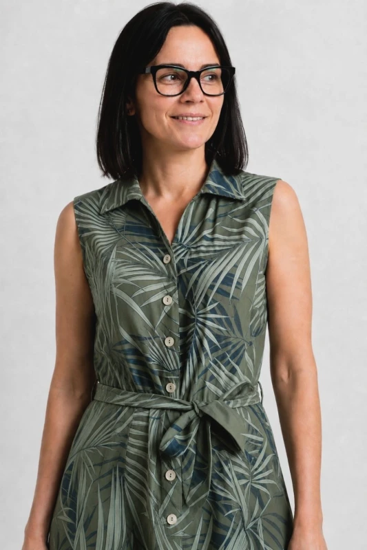 Sukienka damska boho w liście midi 100% len khaki guziki M