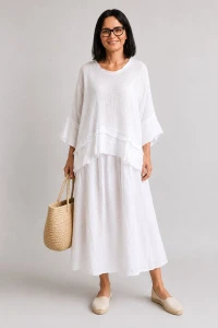 Sukienka damska biała lniana 2w1 z narzutką oversize włoska boho premium