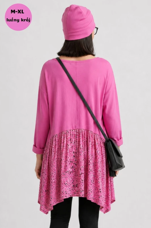 Tunika bluzka damska różowa z falbaną animal print OVERSIZE Italy