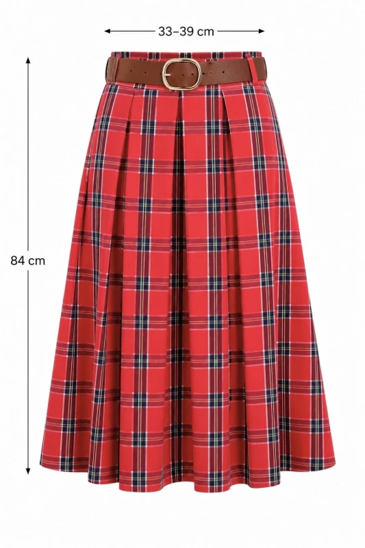 Spódnica damska midi czerwona w kratę pasek rozkloszowana One Size