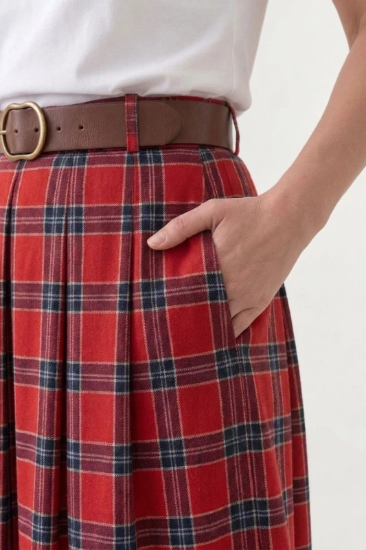 Spódnica damska midi czerwona w kratę pasek rozkloszowana One Size