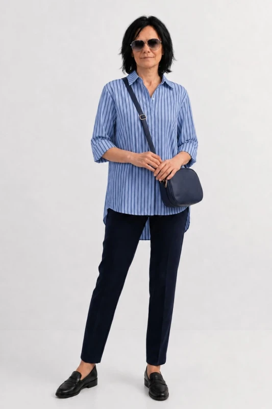 Koszula bluzka damska niebieska w paski bawełna oversize Made in Italy