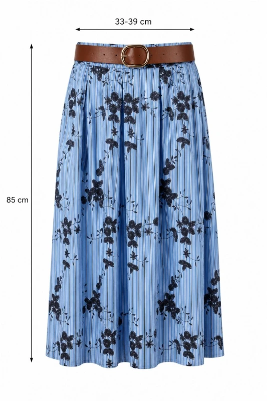 Spódnica damska midi niebieska w paski i kwiaty rozkloszowana pasek One Size