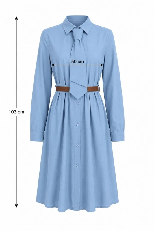 Sukienka damska koszulowa niebieska z krawatem elegancka Made in Italy