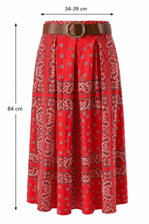 Spódnica damska midi czerwona wzór paisley rozkloszowana pasek One Size