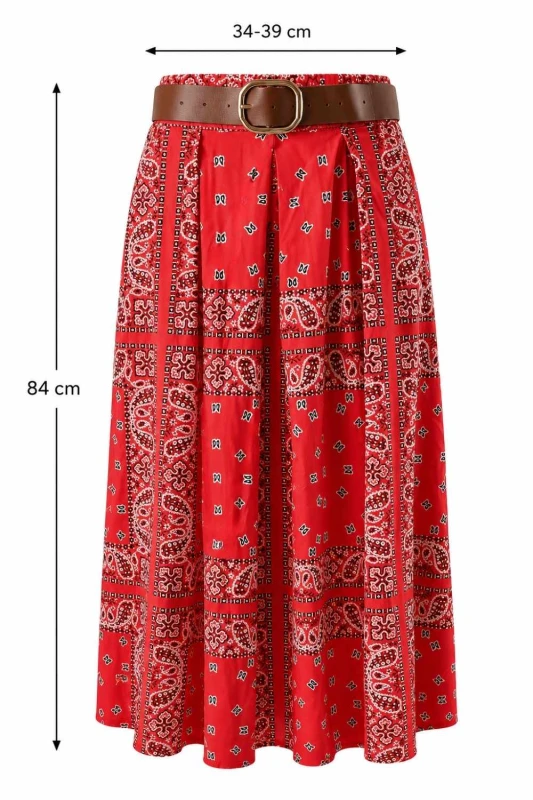 Spódnica damska midi czerwona wzór paisley rozkloszowana pasek One Size