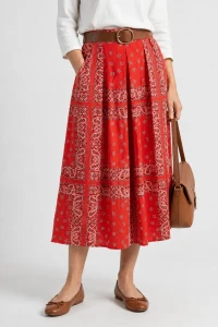 Spódnica damska midi czerwona wzór paisley rozkloszowana pasek One Size   