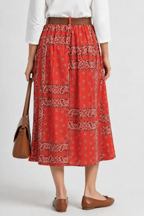 Spódnica damska midi czerwona wzór paisley rozkloszowana pasek One Size