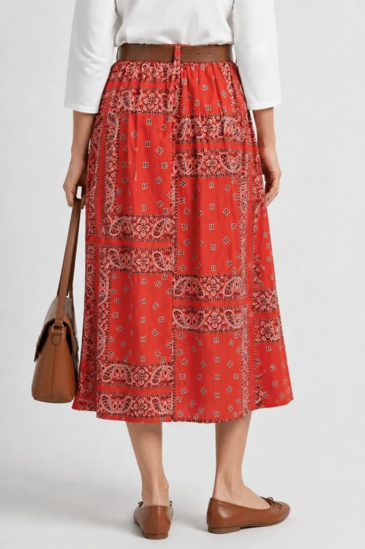Spódnica damska midi czerwona wzór paisley rozkloszowana pasek One Size