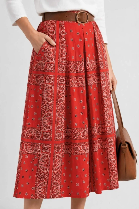 Spódnica damska midi czerwona wzór paisley rozkloszowana pasek One Size