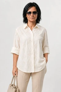 Bluzka koszula damska ecru boho haftowana bawełna Made in Italy