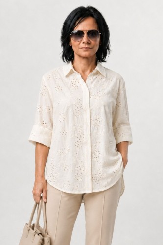 Bluzka koszula damska ecru boho haftowana bawełna Made in Italy