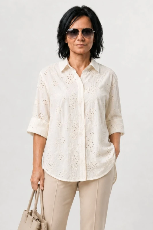 Bluzka koszula damska ecru boho haftowana bawełna Made in Italy