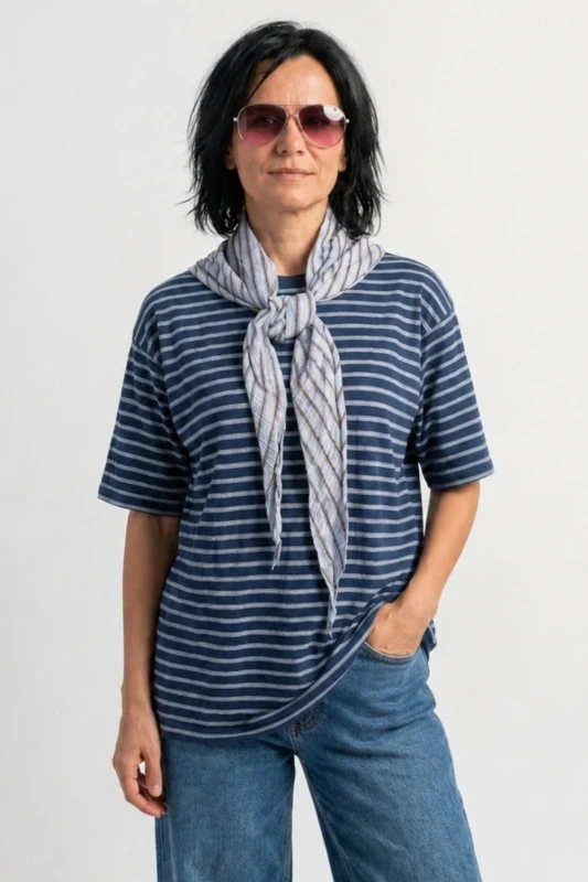 Bluzka damska granatowa w paski z chustą oversize bawełna Made in Italy