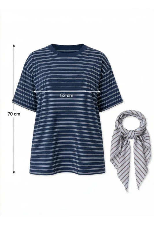 Bluzka damska granatowa w paski z chustą oversize bawełna Made in Italy