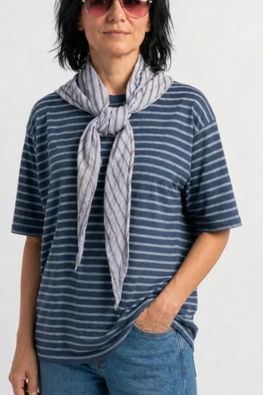 Bluzka damska granatowa w paski z chustą oversize bawełna Made in Italy