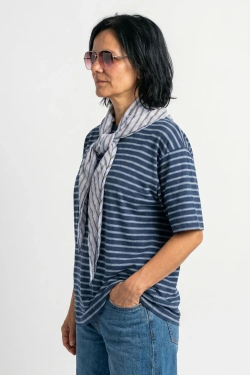 Bluzka damska granatowa w paski z chustą oversize bawełna Made in Italy