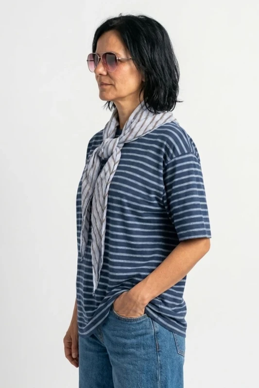 Bluzka damska granatowa w paski z chustą oversize bawełna Made in Italy