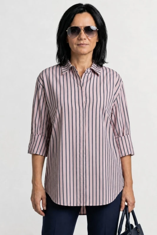 Bluzka koszula damska różowa w paski bawełna oversize Made in Italy