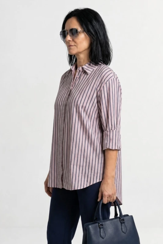 Bluzka koszula damska różowa w paski bawełna oversize Made in Italy