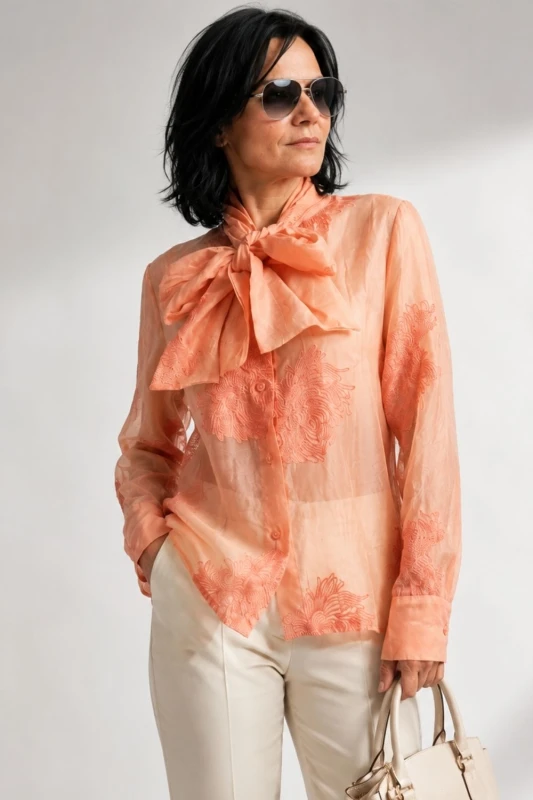 Bluzka koszula damska łososiowa haftowana z kokardą elegancka Italy