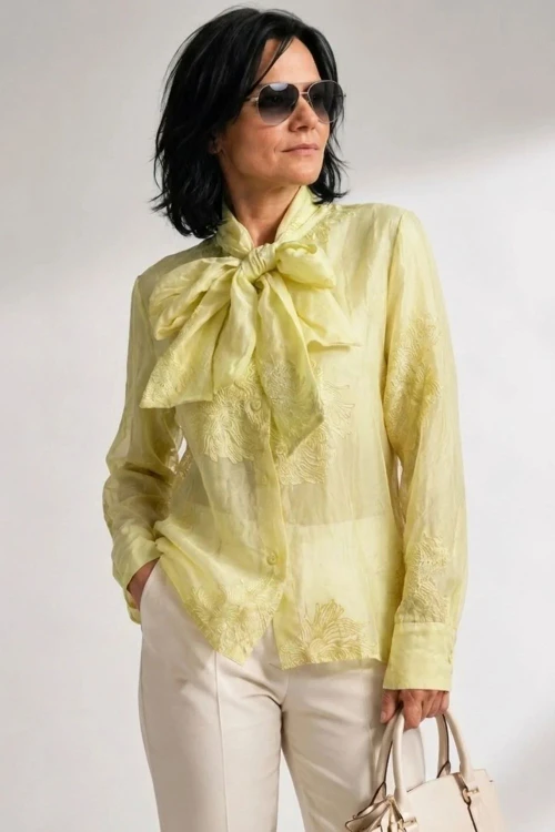 Bluzka koszula damska żółta haftowana z kokardą elegancka Italy